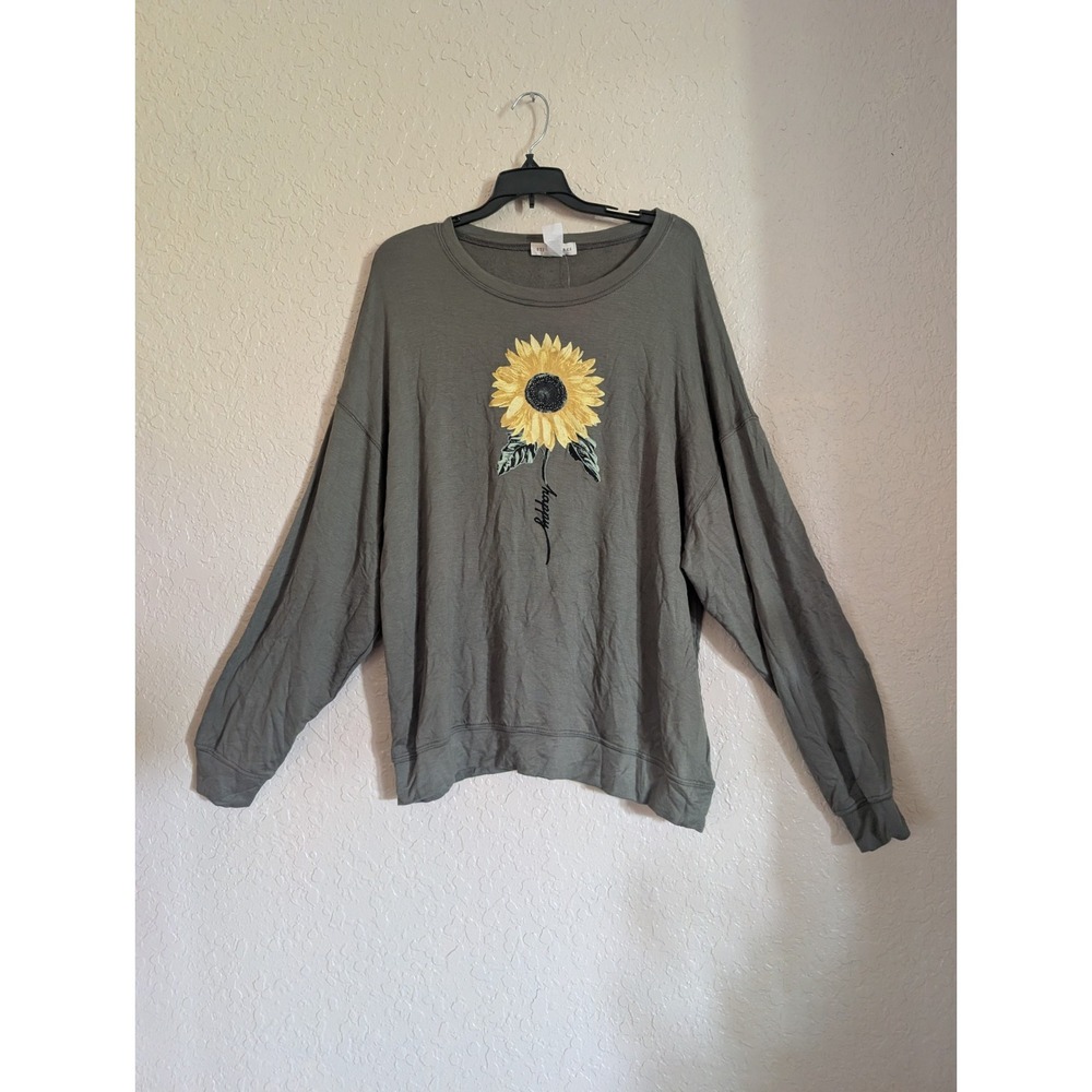 NEW Stitchwurks Women Pullover Long Sleeve Top Green Sunflower Happy Stem Size L